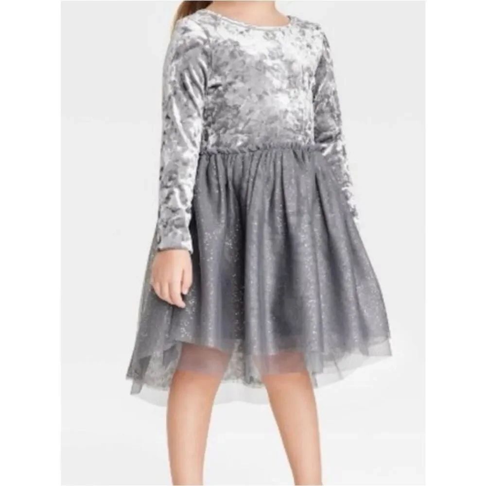 Cat & Jack Sparkly Silver Velvet Dress Sz M (7/8)